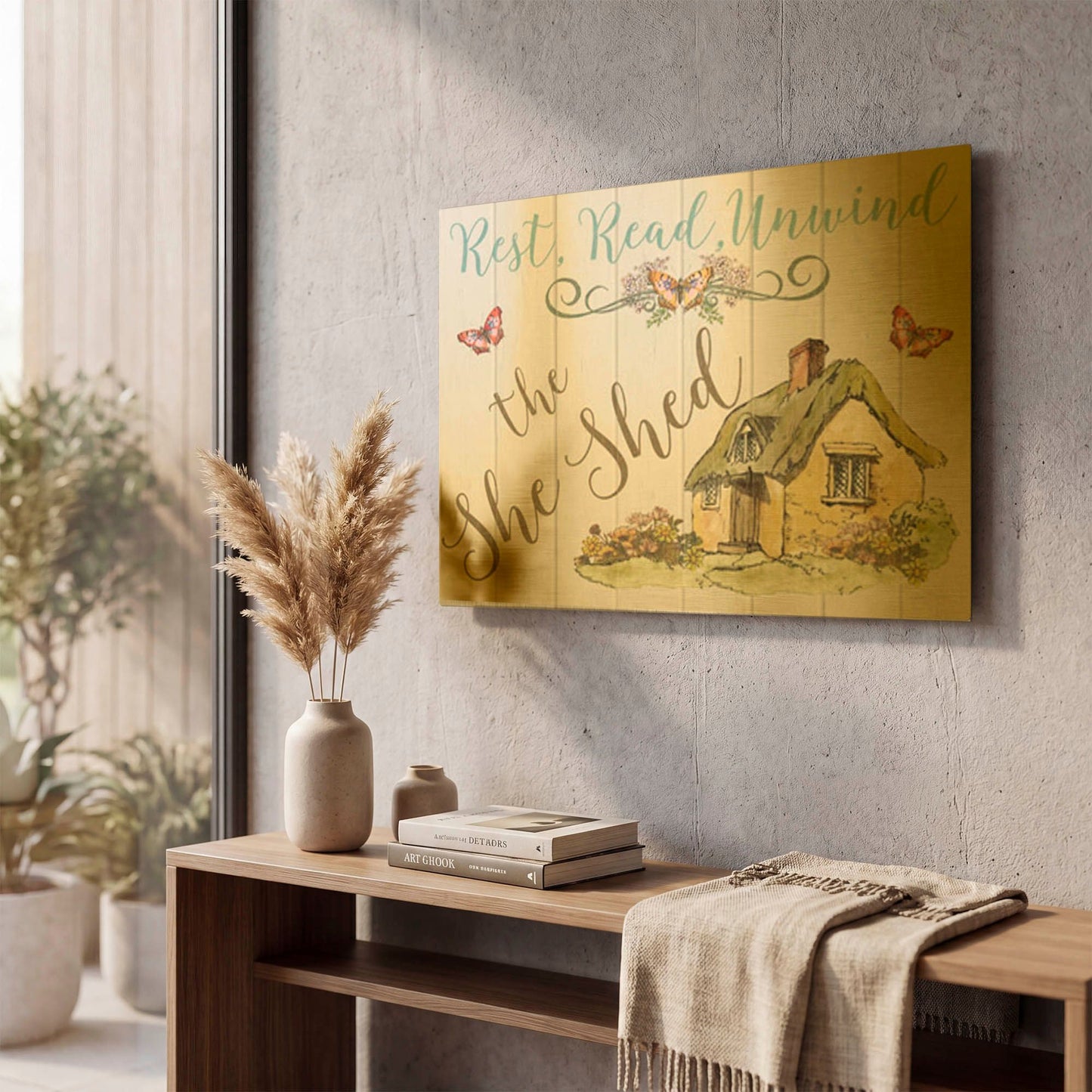 'The She Shed A' By Jean Plout Gold Metal Wall Art