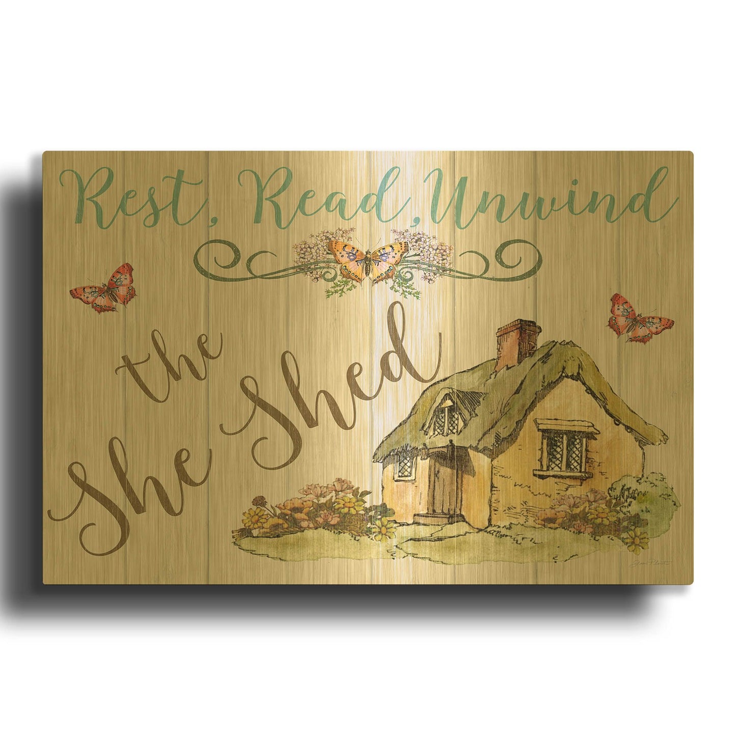 'The She Shed A' By Jean Plout Gold Metal Wall Art