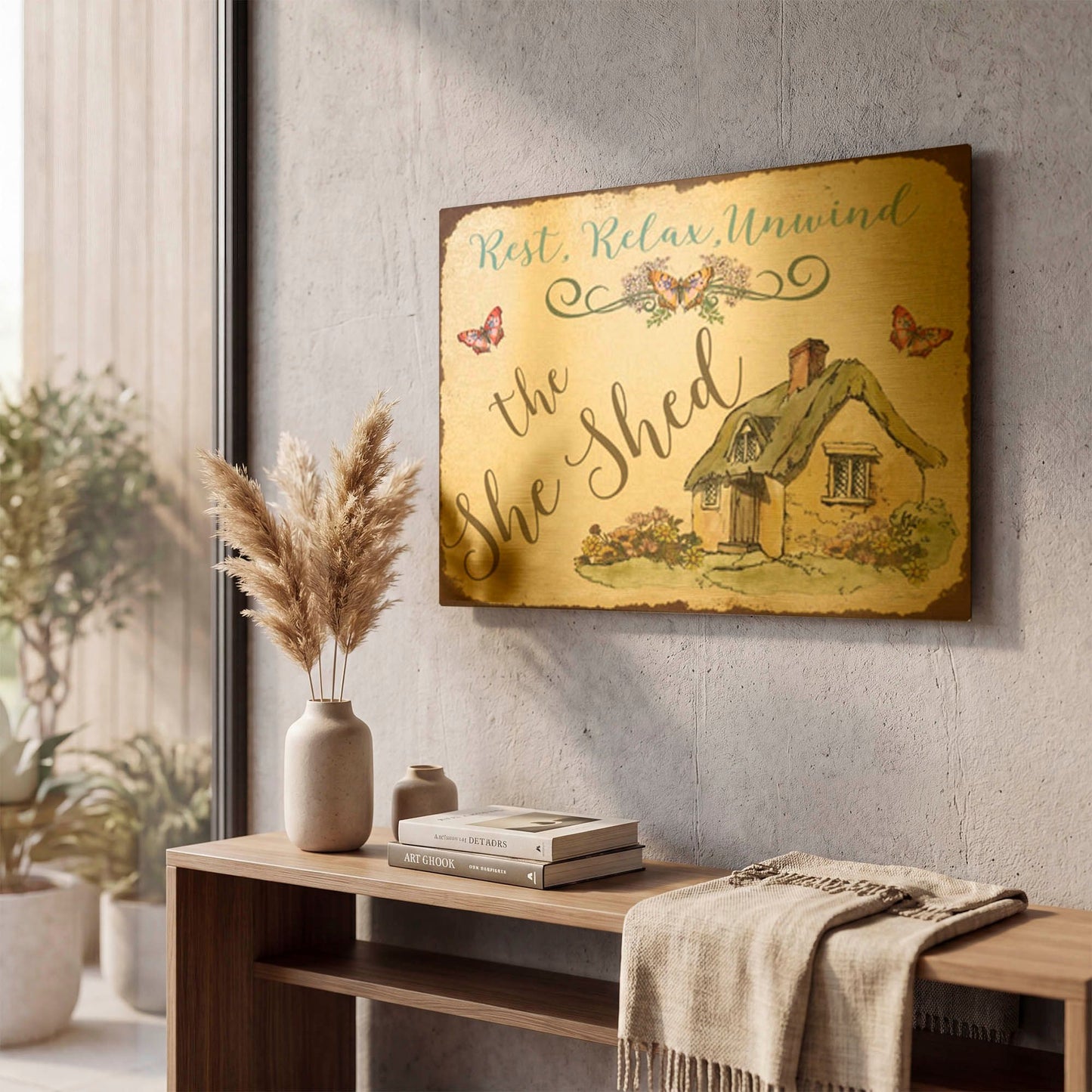 'The She Shed B' By Jean Plout Gold Metal Wall Art