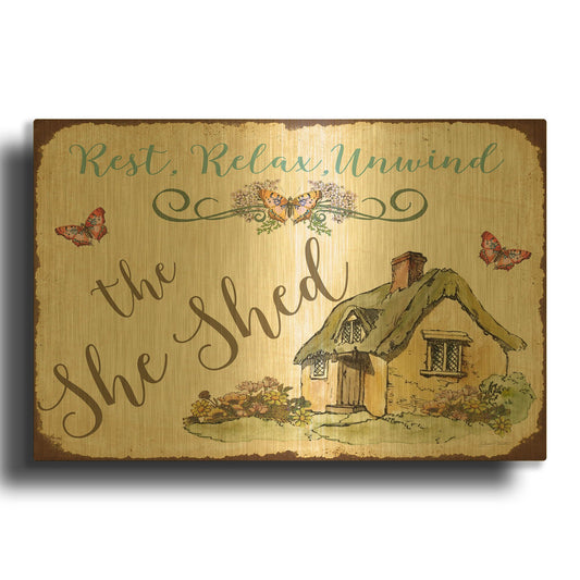 'The She Shed B' By Jean Plout Gold Metal Wall Art
