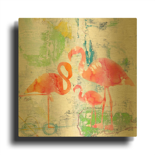 'Tropical Flamingos B' By Jean Plout Gold Metal Wall Art