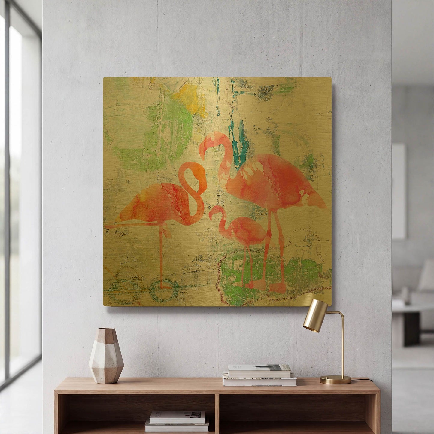 'Tropical Flamingos B' By Jean Plout Gold Metal Wall Art