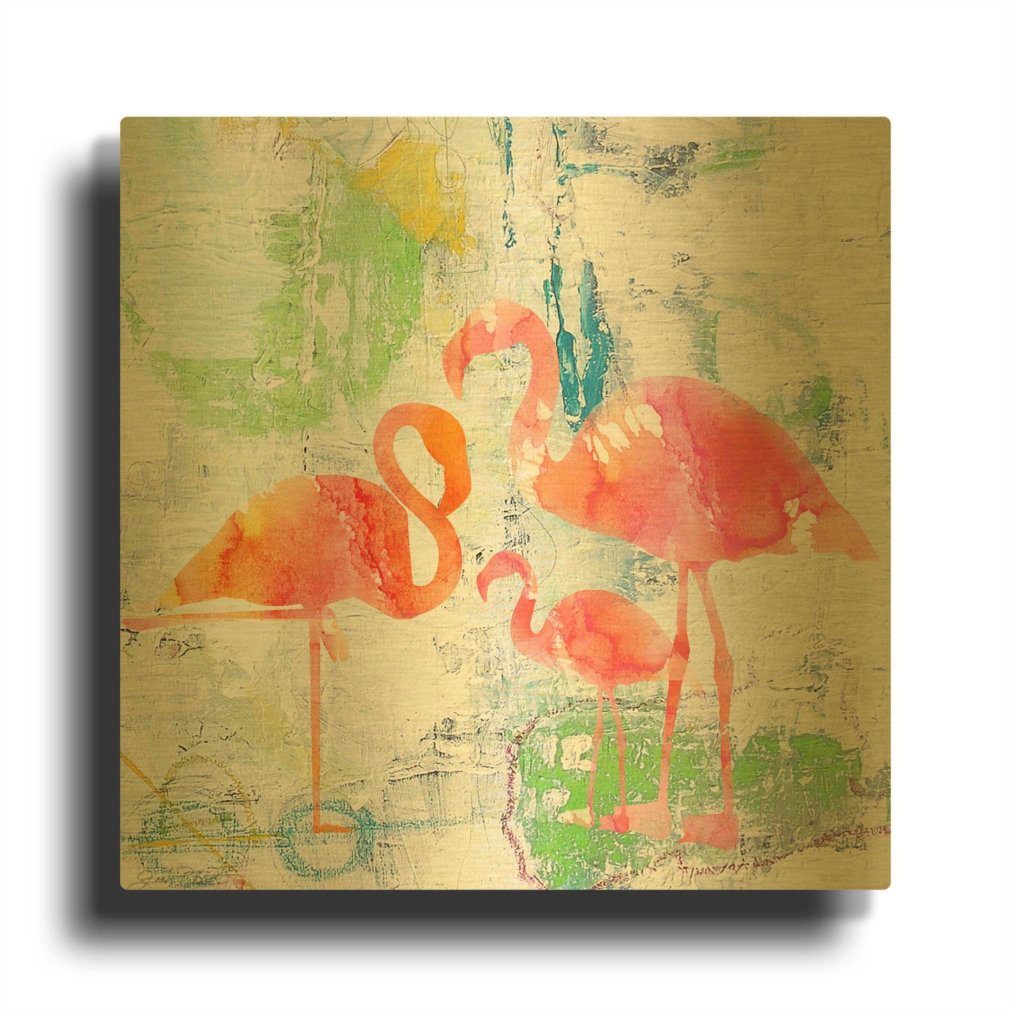 'Tropical Flamingos B' By Jean Plout Gold Metal Wall Art