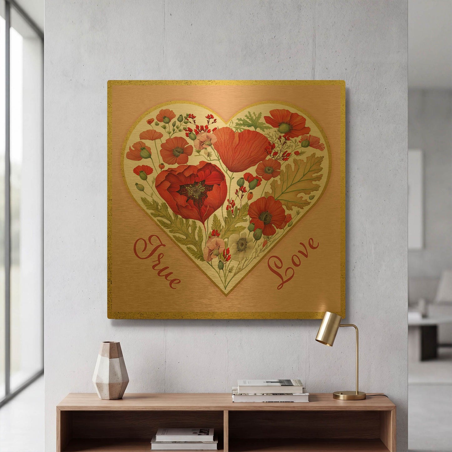 'Valentine Poppy Heart A' By Jean Plout Gold Metal Wall Art