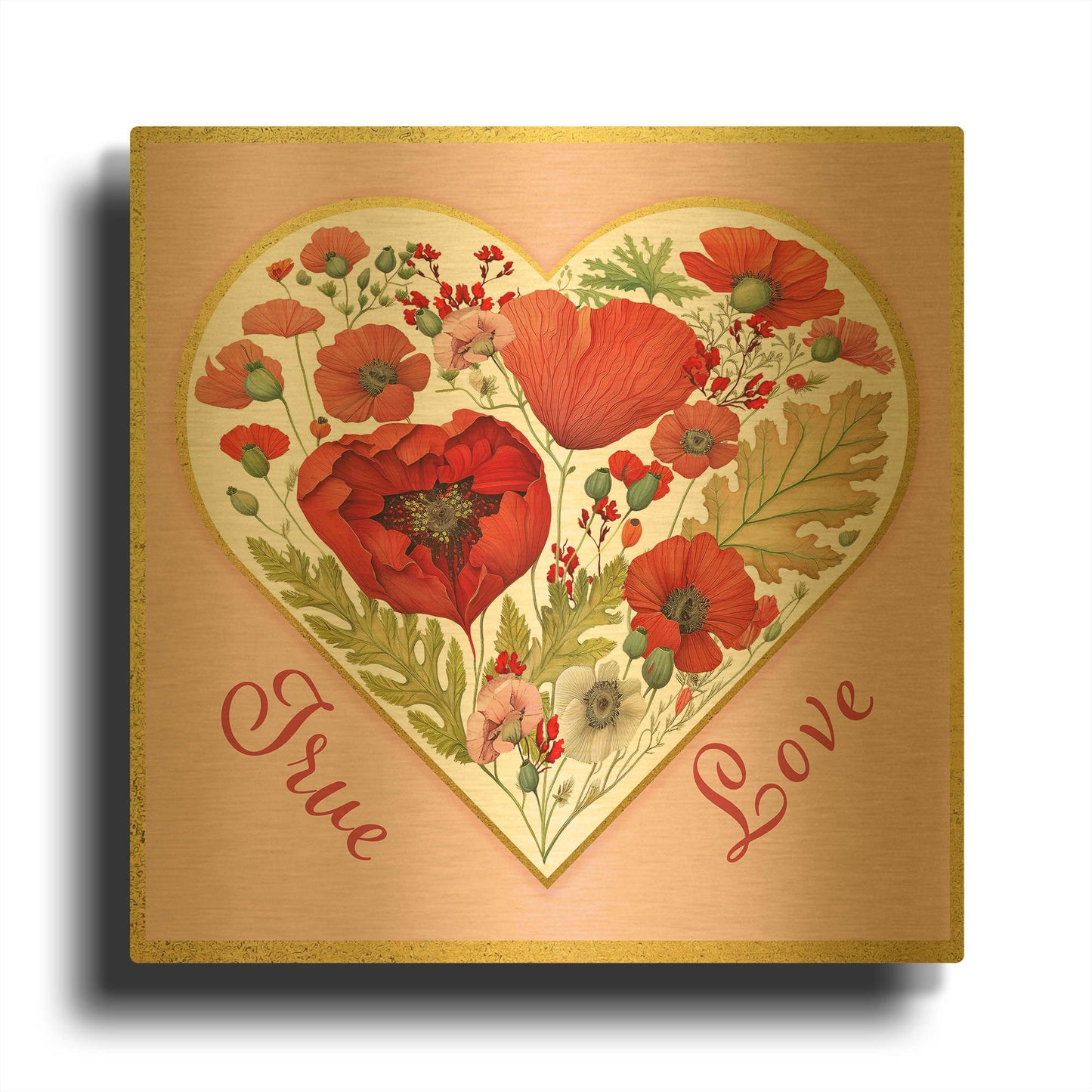 'Valentine Poppy Heart A' By Jean Plout Gold Metal Wall Art