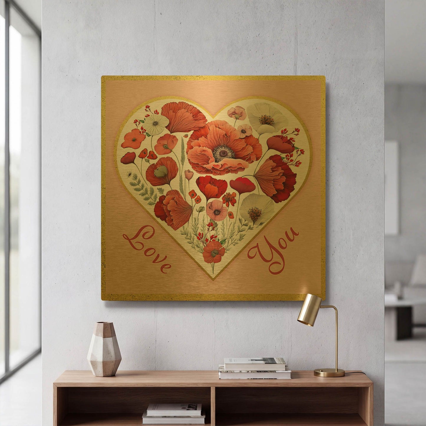 'Valentine Poppy Heart C' By Jean Plout Gold Metal Wall Art