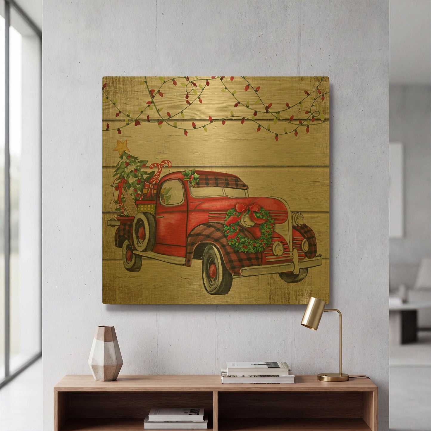'Vintage Christmas Truck A' By Jean Plout Gold Metal Wall Art