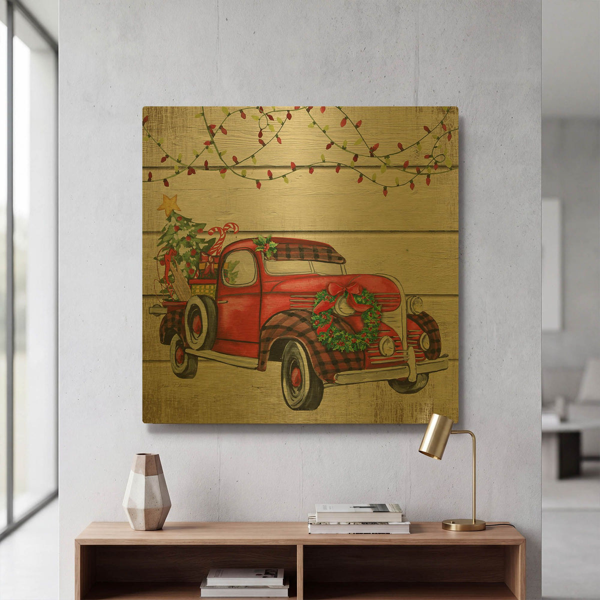 'Vintage Christmas Truck A' By Jean Plout Gold Metal Wall Art