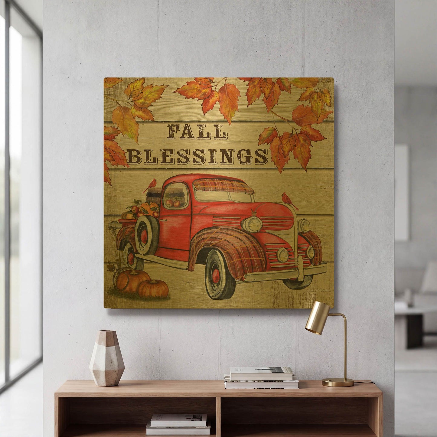 'Vintage Fall Truck' By Jean Plout Gold Metal Wall Art