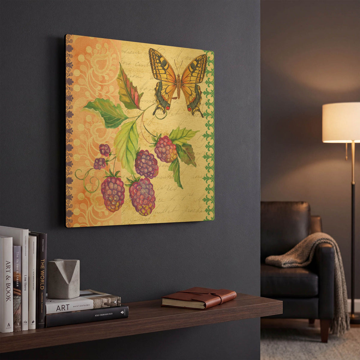 'Vintage Fruit Raspberries' By Jean Plout Gold Metal Wall Art