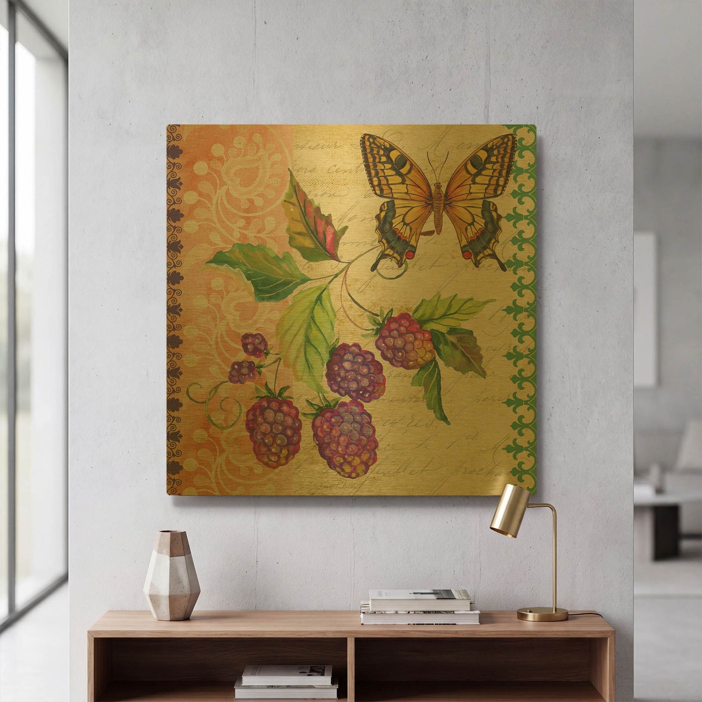 'Vintage Fruit Raspberries' By Jean Plout Gold Metal Wall Art