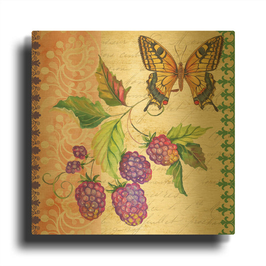 'Vintage Fruit Raspberries' By Jean Plout Gold Metal Wall Art