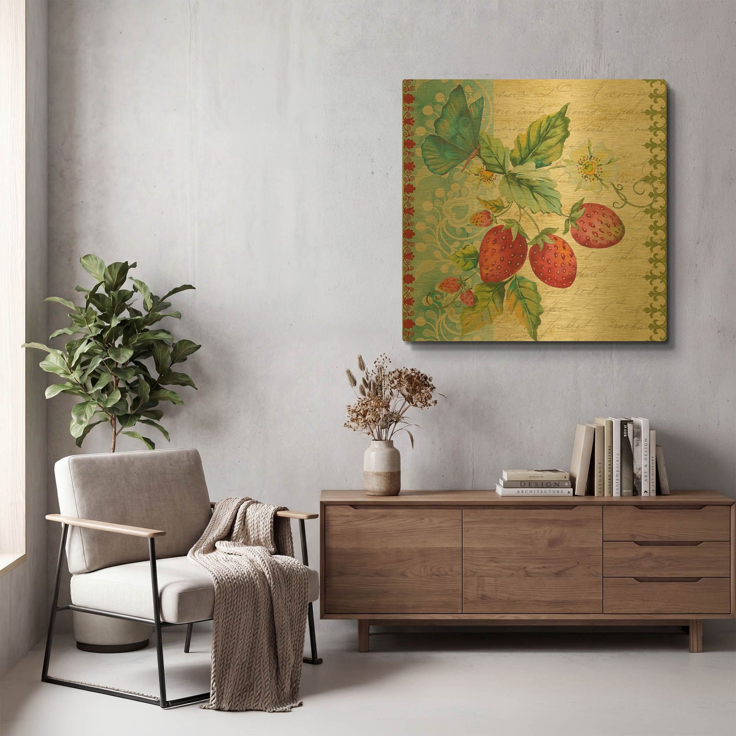 'Vintage Fruit Strawberries' By Jean Plout Gold Metal Wall Art
