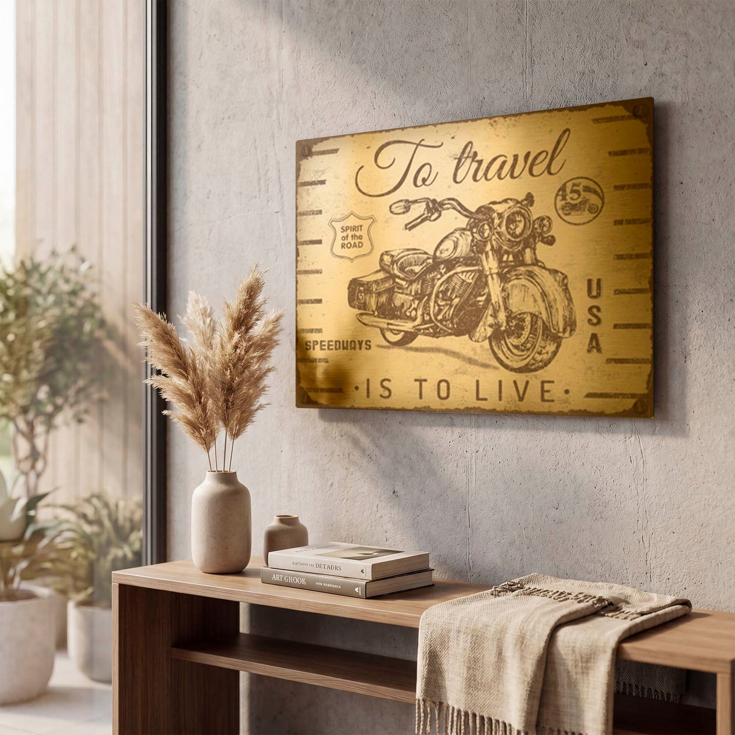 'Vintage Motorcycle Mancave A' By Jean Plout Gold Metal Wall Art