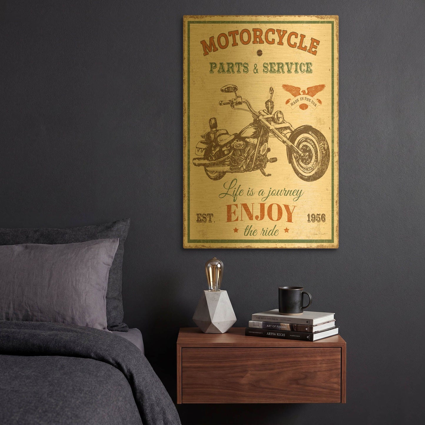 'Vintage Motorcycle Mancave C' By Jean Plout Gold Metal Wall Art