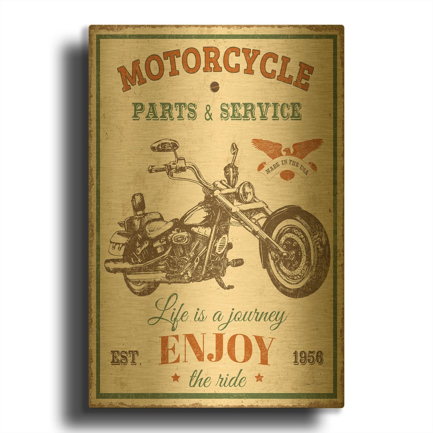 'Vintage Motorcycle Mancave C' By Jean Plout Gold Metal Wall Art