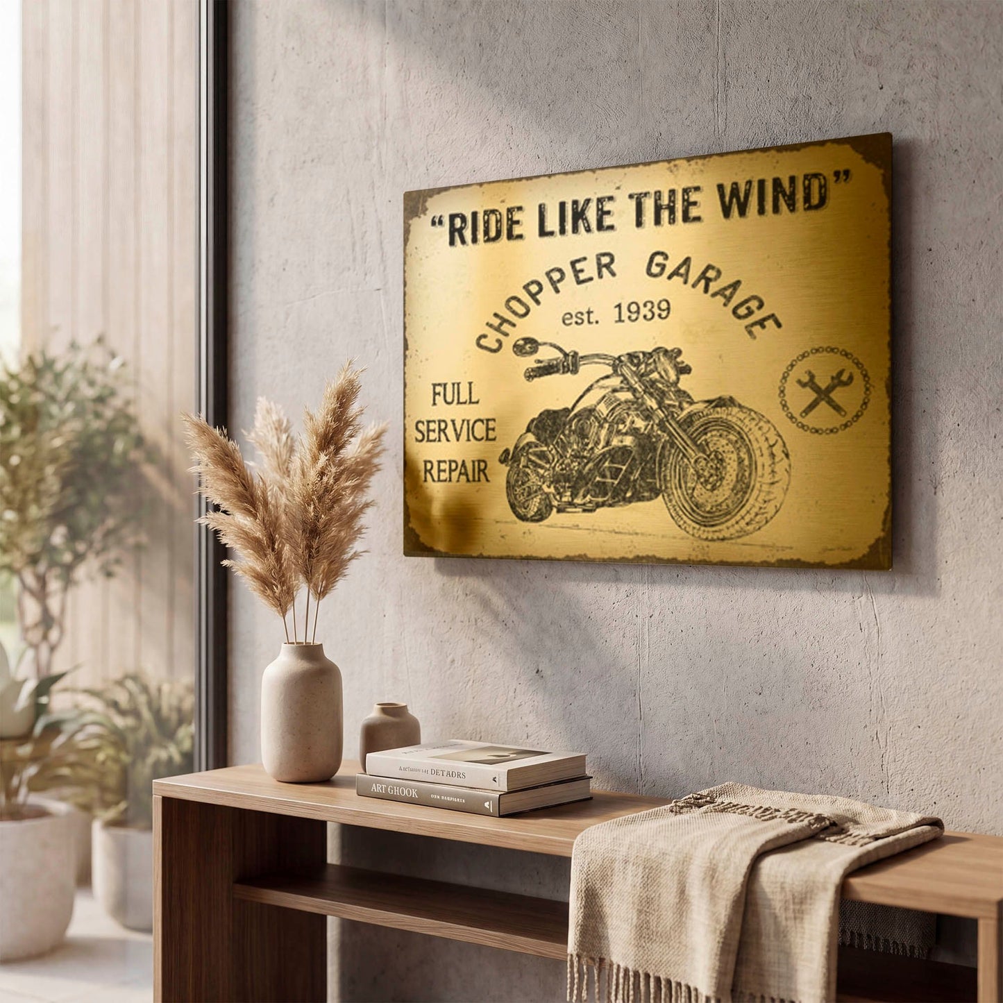 'Vintage Motorcycle Mancave D' By Jean Plout Gold Metal Wall Art