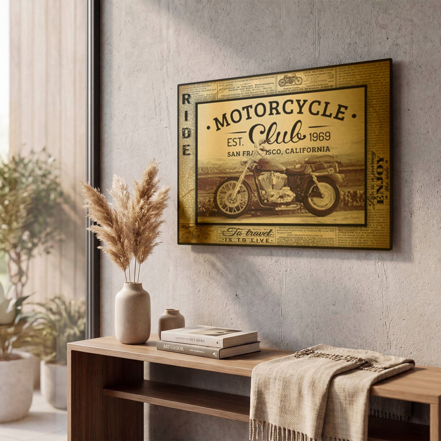 'Vintage Motorcycle Mancave E' By Jean Plout Gold Metal Wall Art