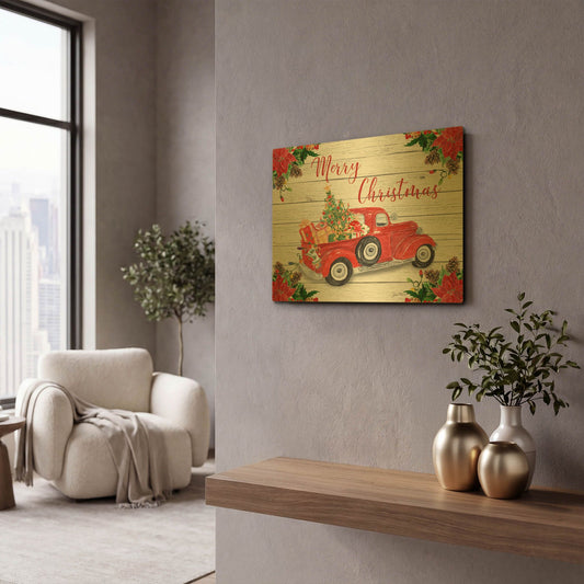 'Vintage Red Truck Christmas A' By Jean Plout Gold Metal Wall Art