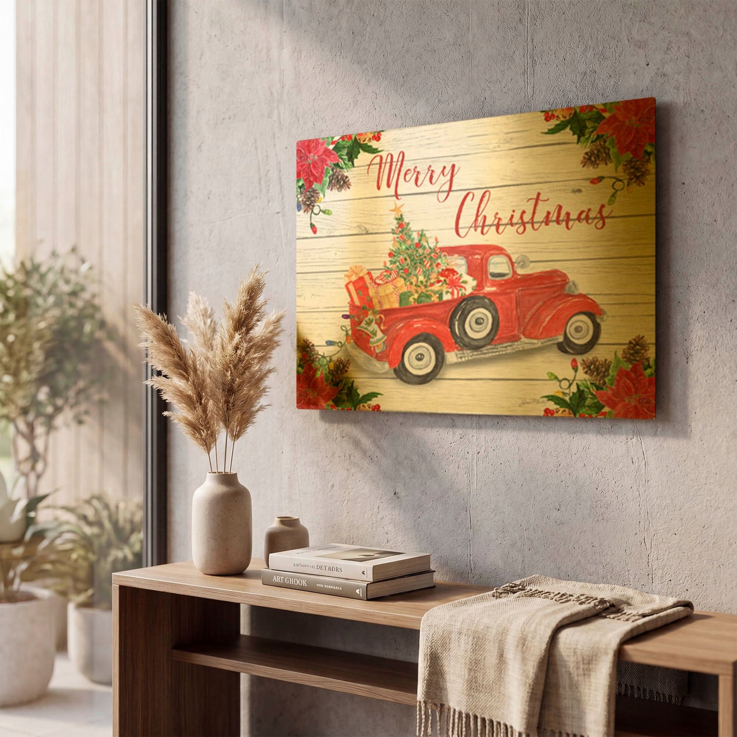 'Vintage Red Truck Christmas A' By Jean Plout Gold Metal Wall Art