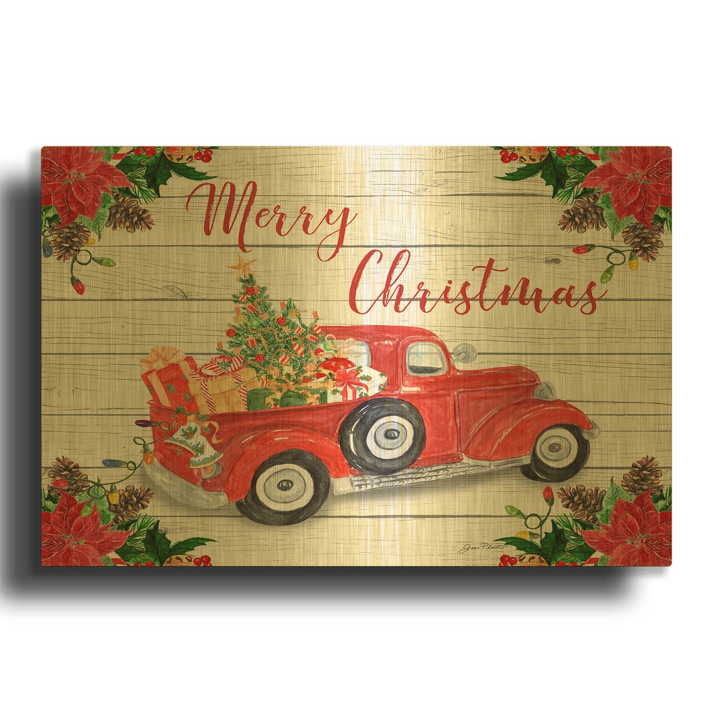 'Vintage Red Truck Christmas A' By Jean Plout Gold Metal Wall Art