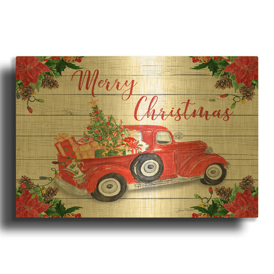 'Vintage Red Truck Christmas A' By Jean Plout Gold Metal Wall Art