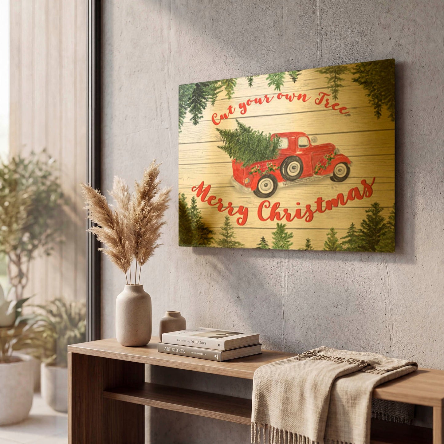 'Vintage Red Truck Christmas B' By Jean Plout Gold Metal Wall Art