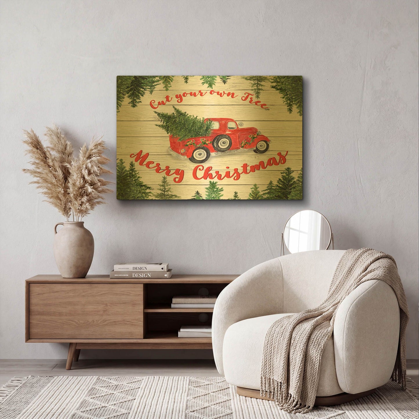 'Vintage Red Truck Christmas B' By Jean Plout Gold Metal Wall Art
