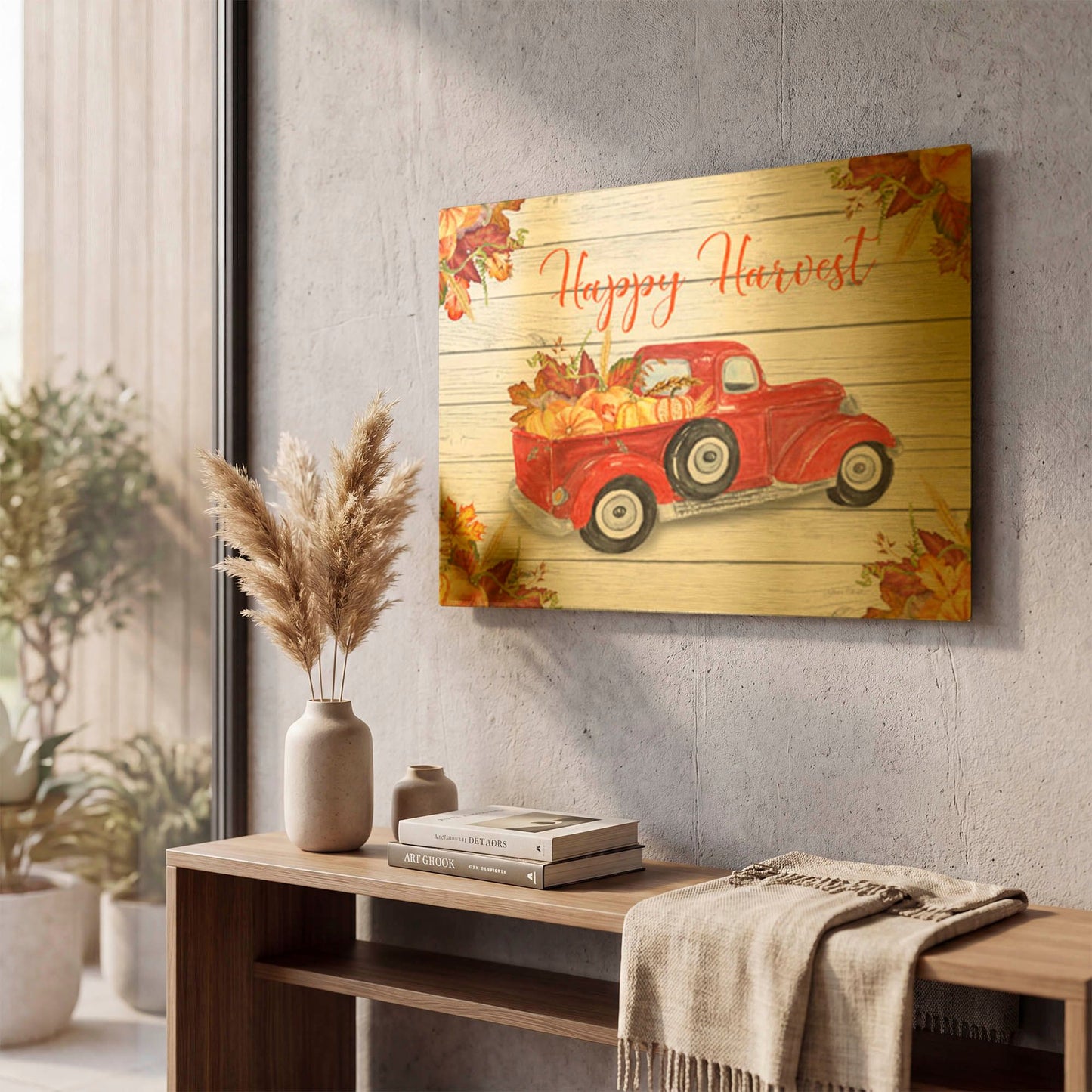 'Vintage Red Truck Fall Harvest' By Jean Plout Gold Metal Wall Art