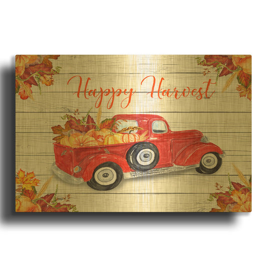 'Vintage Red Truck Fall Harvest' By Jean Plout Gold Metal Wall Art