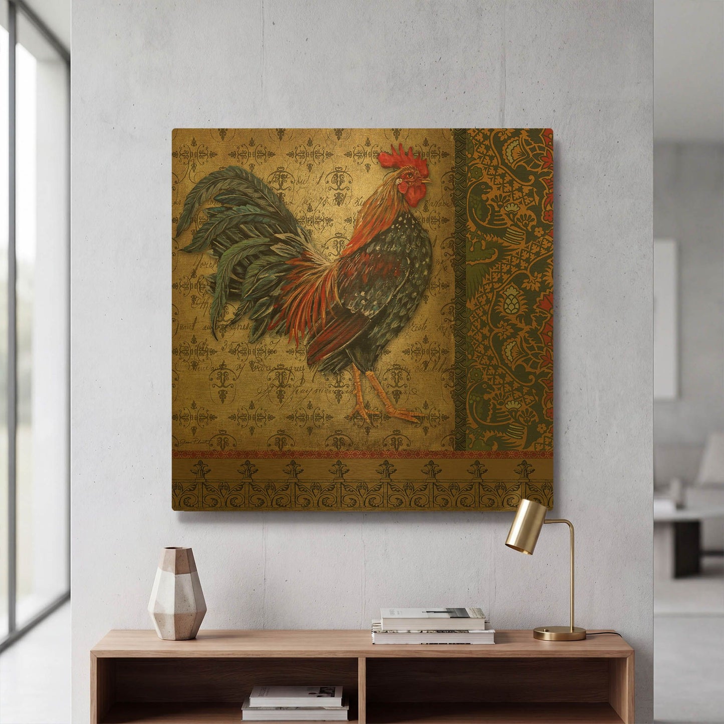 'Vintage Rooster B' By Jean Plout Gold Metal Wall Art