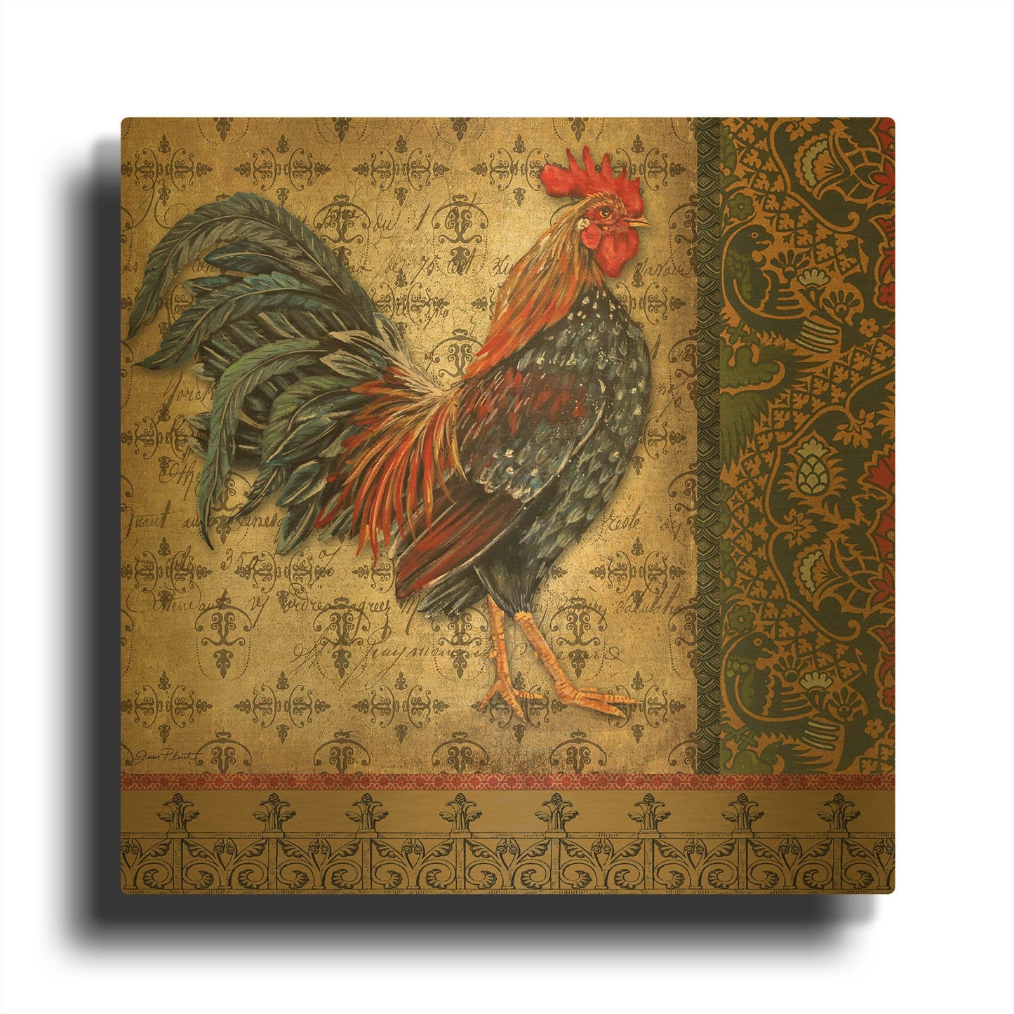 'Vintage Rooster B' By Jean Plout Gold Metal Wall Art