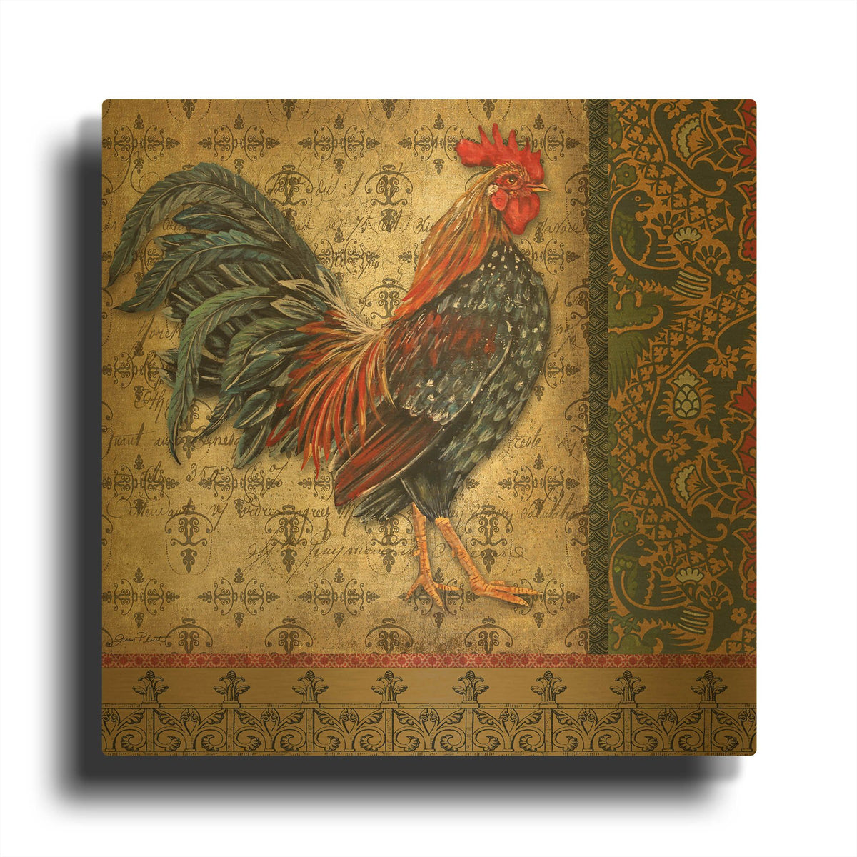 'Vintage Rooster B' By Jean Plout Gold Metal Wall Art