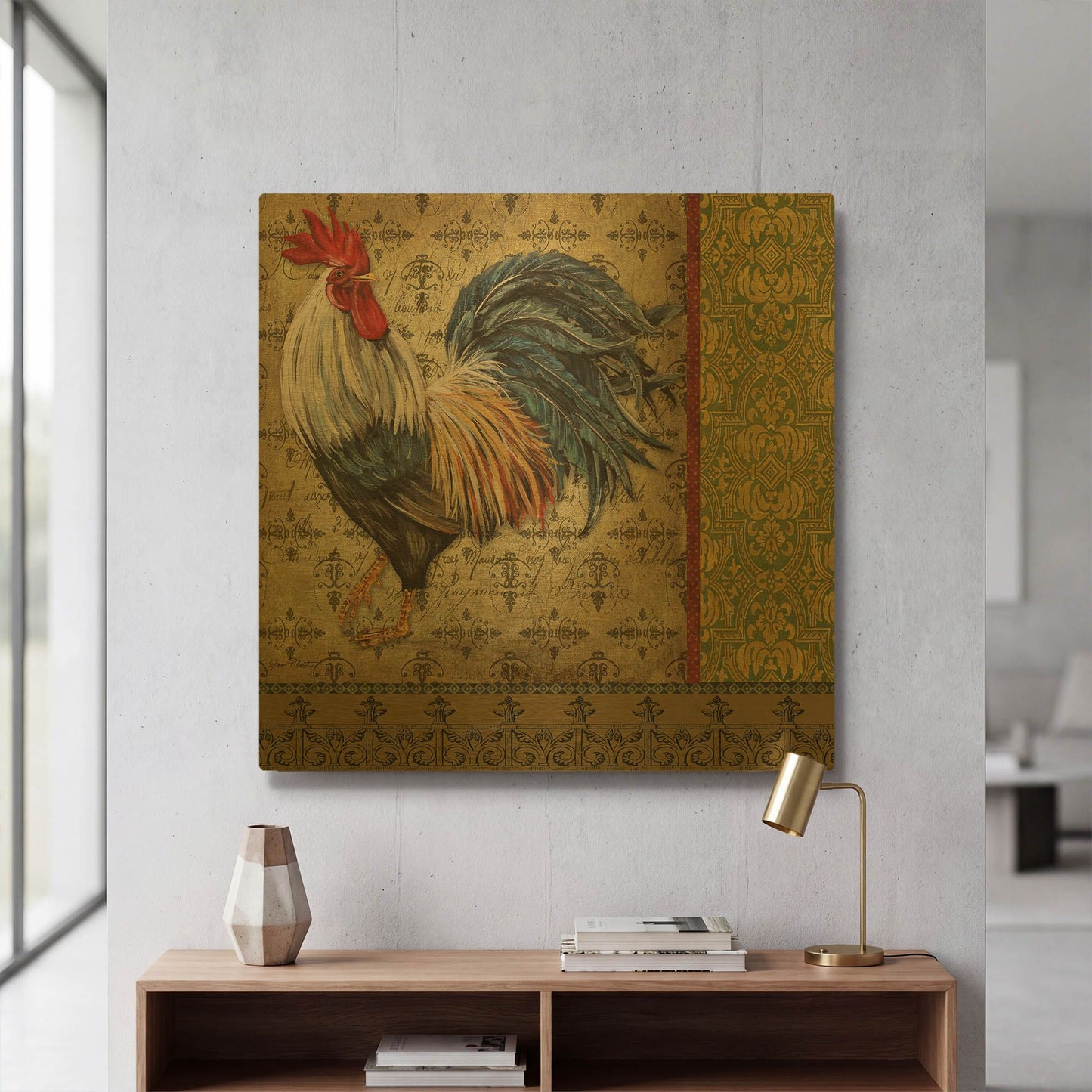 'Vintage Rooster C' By Jean Plout Gold Metal Wall Art