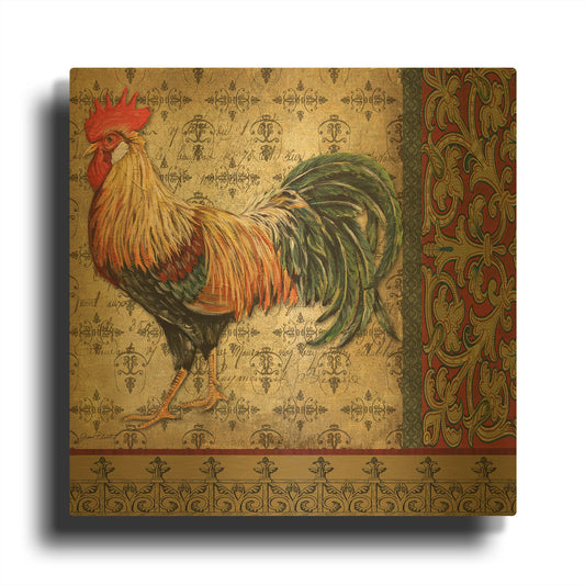'Vintage Rooster D' By Jean Plout Gold Metal Wall Art