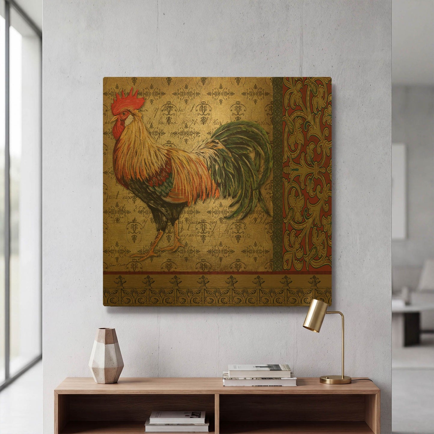 'Vintage Rooster D' By Jean Plout Gold Metal Wall Art