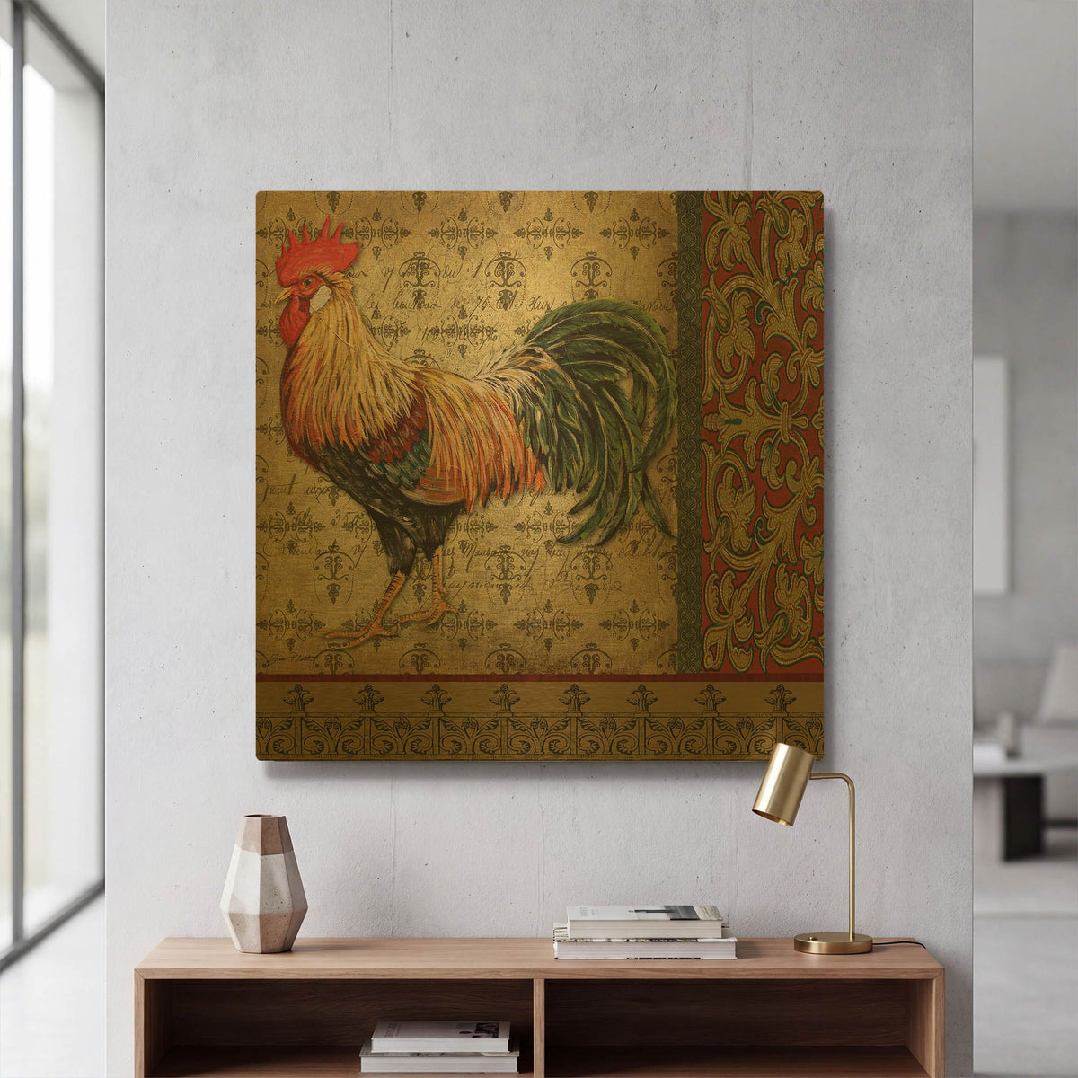 'Vintage Rooster D' By Jean Plout Gold Metal Wall Art
