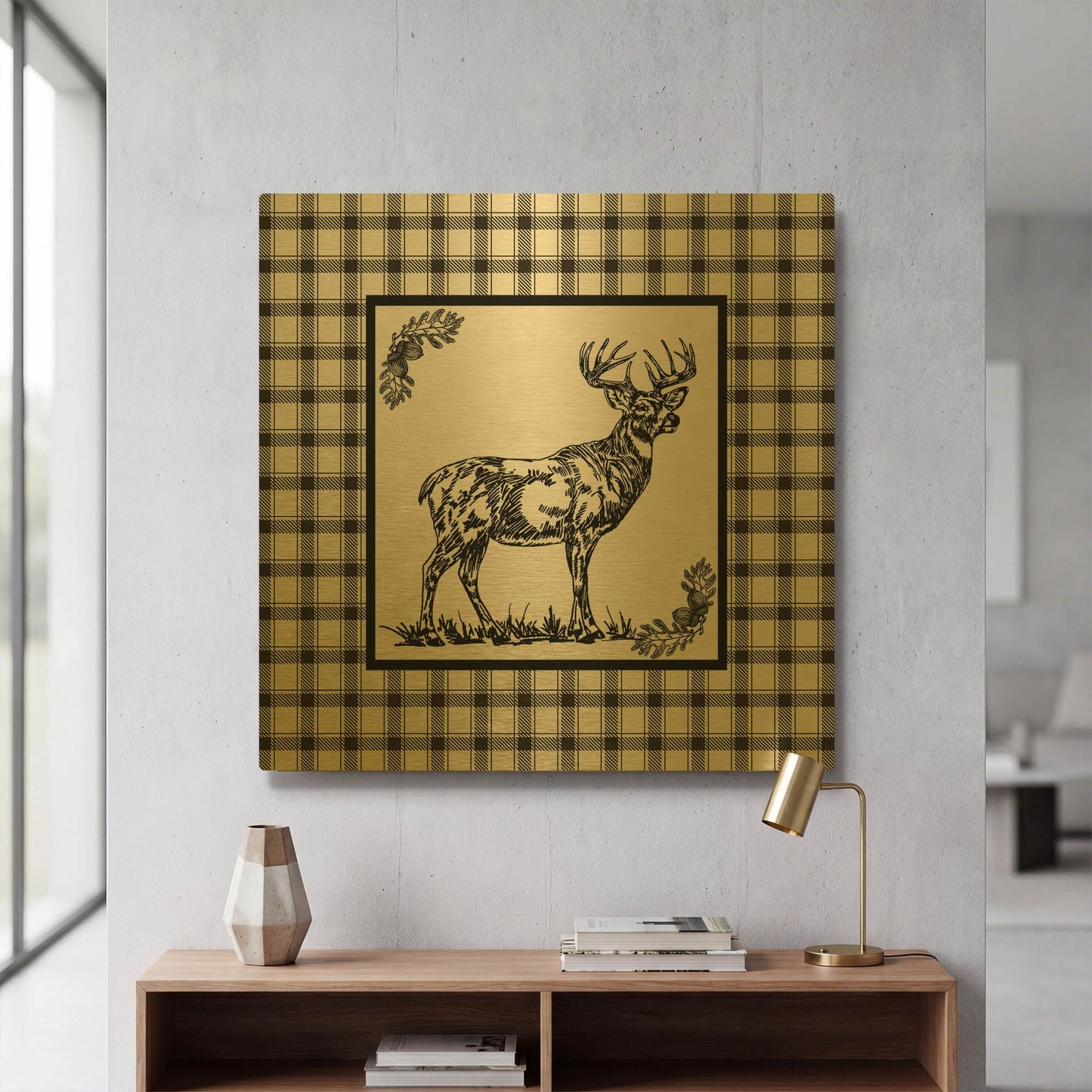 'Vintage Stag On Plaid' By Jean Plout Gold Metal Wall Art