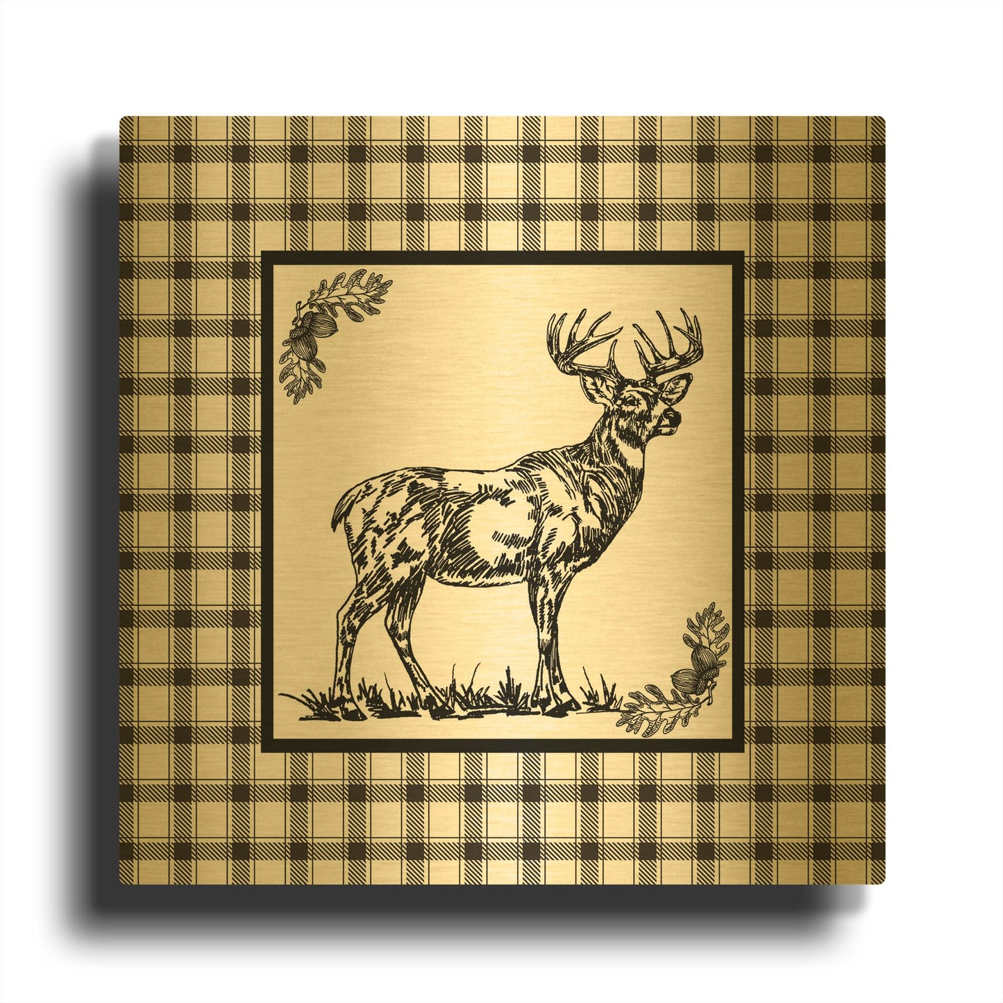 'Vintage Stag On Plaid' By Jean Plout Gold Metal Wall Art