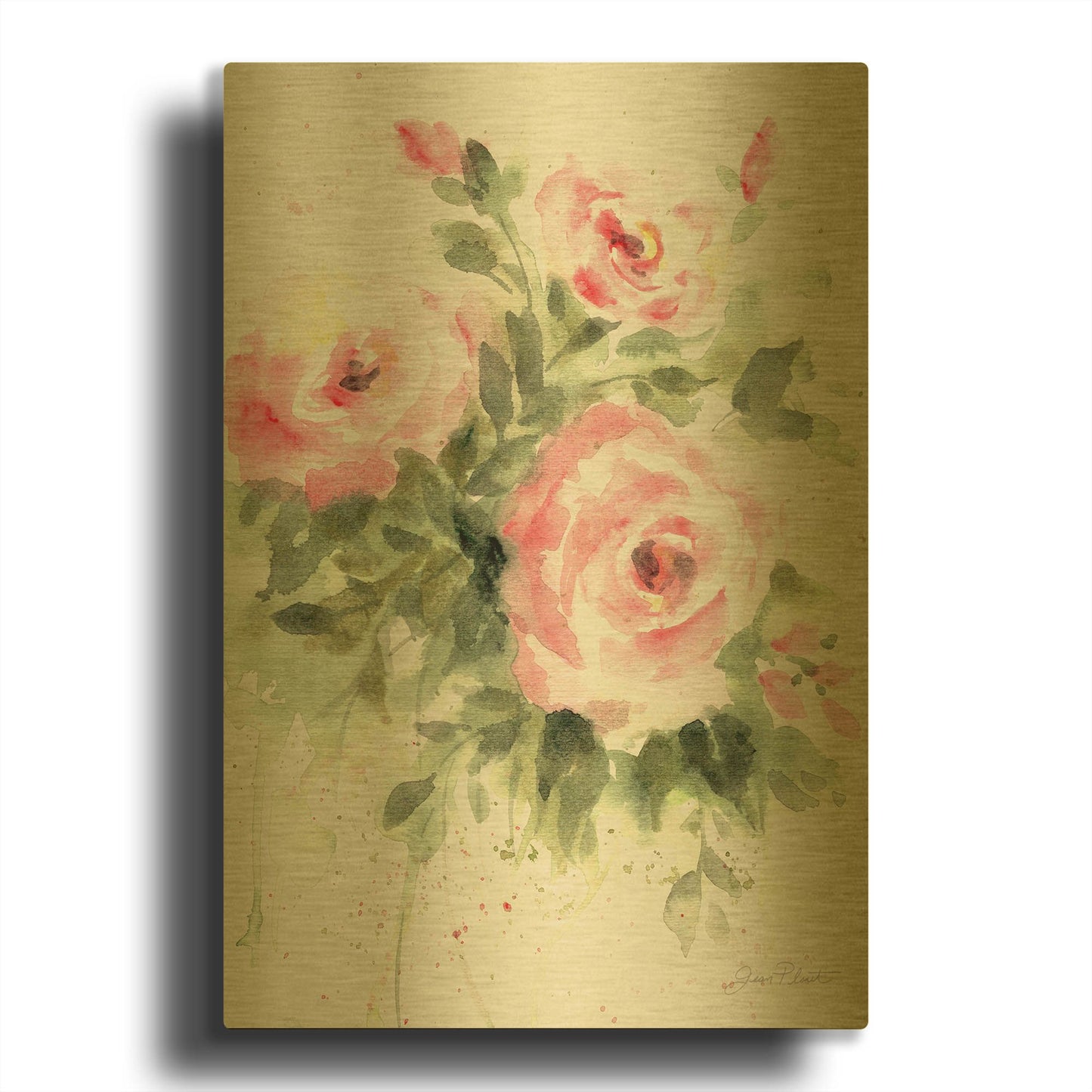 'Washy Pink Roses A' By Jean Plout Gold Metal Wall Art