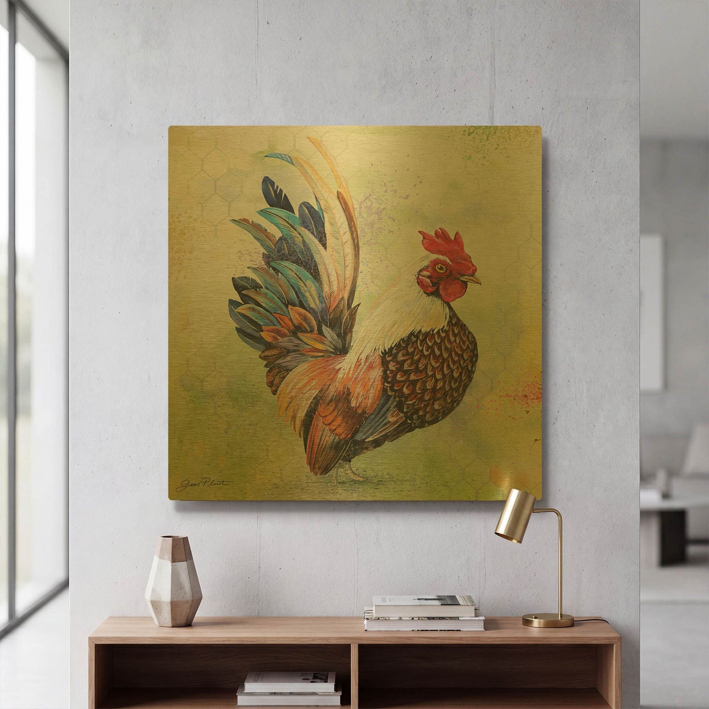 'Watercolor Rooster A' By Jean Plout Gold Metal Wall Art