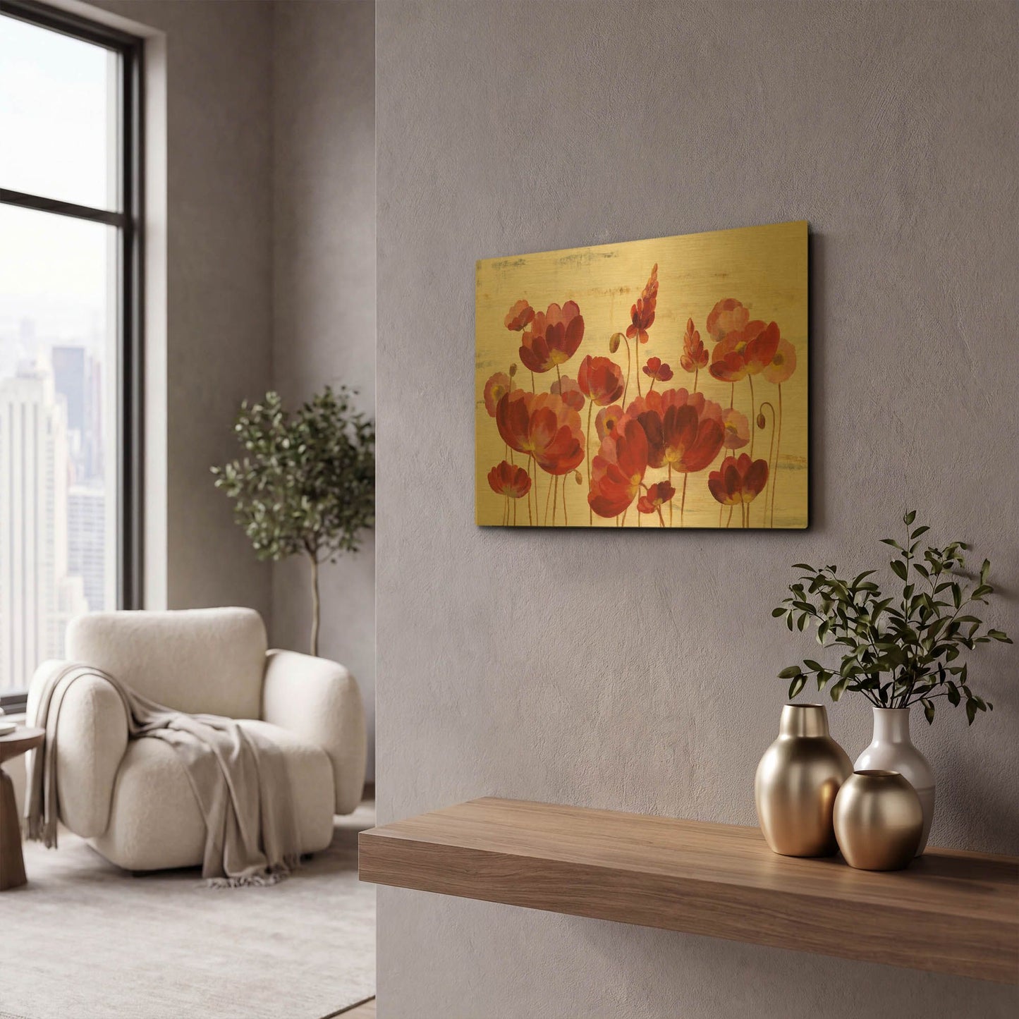 'Red Flowers on Marble' By Silvia Vassileva Gold Metal Wall Art