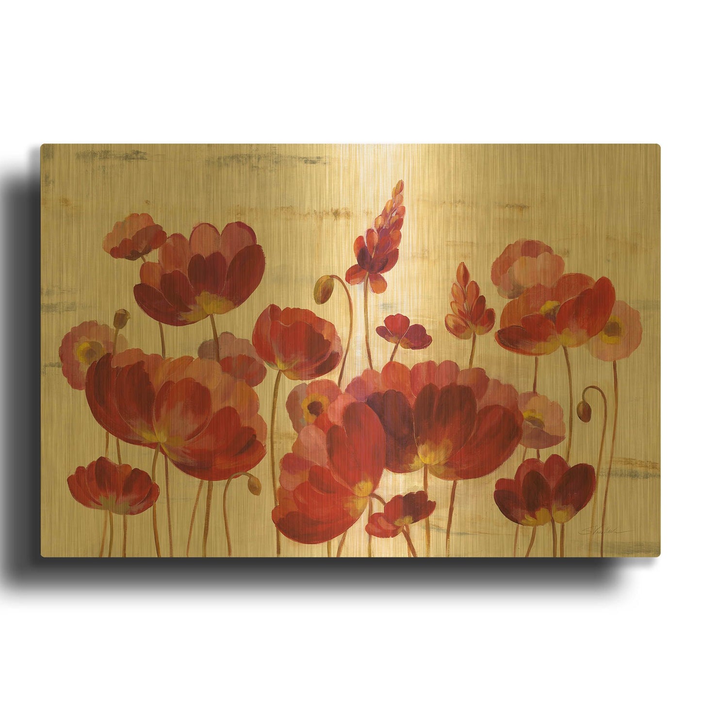 'Red Flowers on Marble' By Silvia Vassileva Gold Metal Wall Art