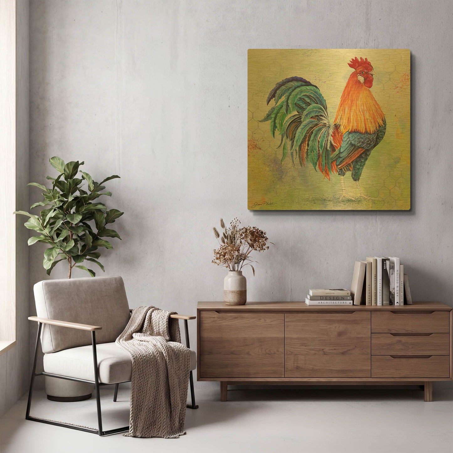 'Watercolor Rooster B' By Jean Plout Gold Metal Wall Art