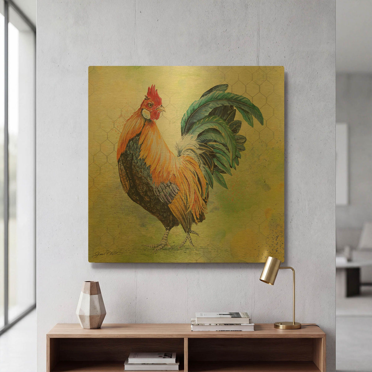 'Watercolor Rooster D' By Jean Plout Gold Metal Wall Art