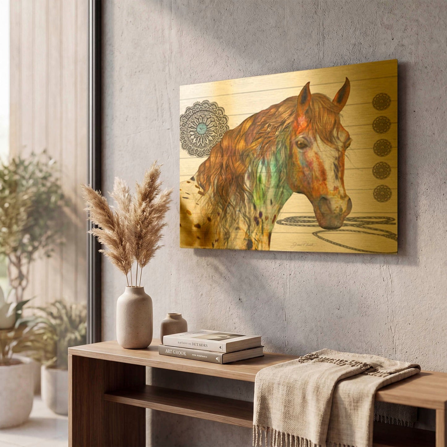 'Western Horse On Shiplap A' By Jean Plout Gold Metal Wall Art