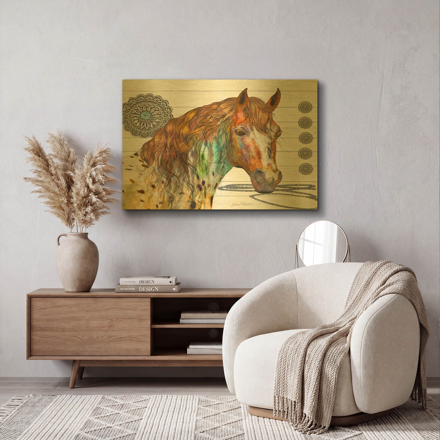 'Western Horse On Shiplap A' By Jean Plout Gold Metal Wall Art