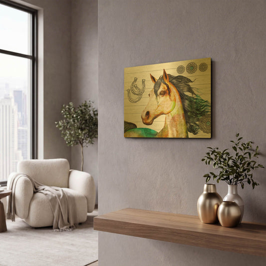 'Western Horse On Shiplap B' By Jean Plout Gold Metal Wall Art