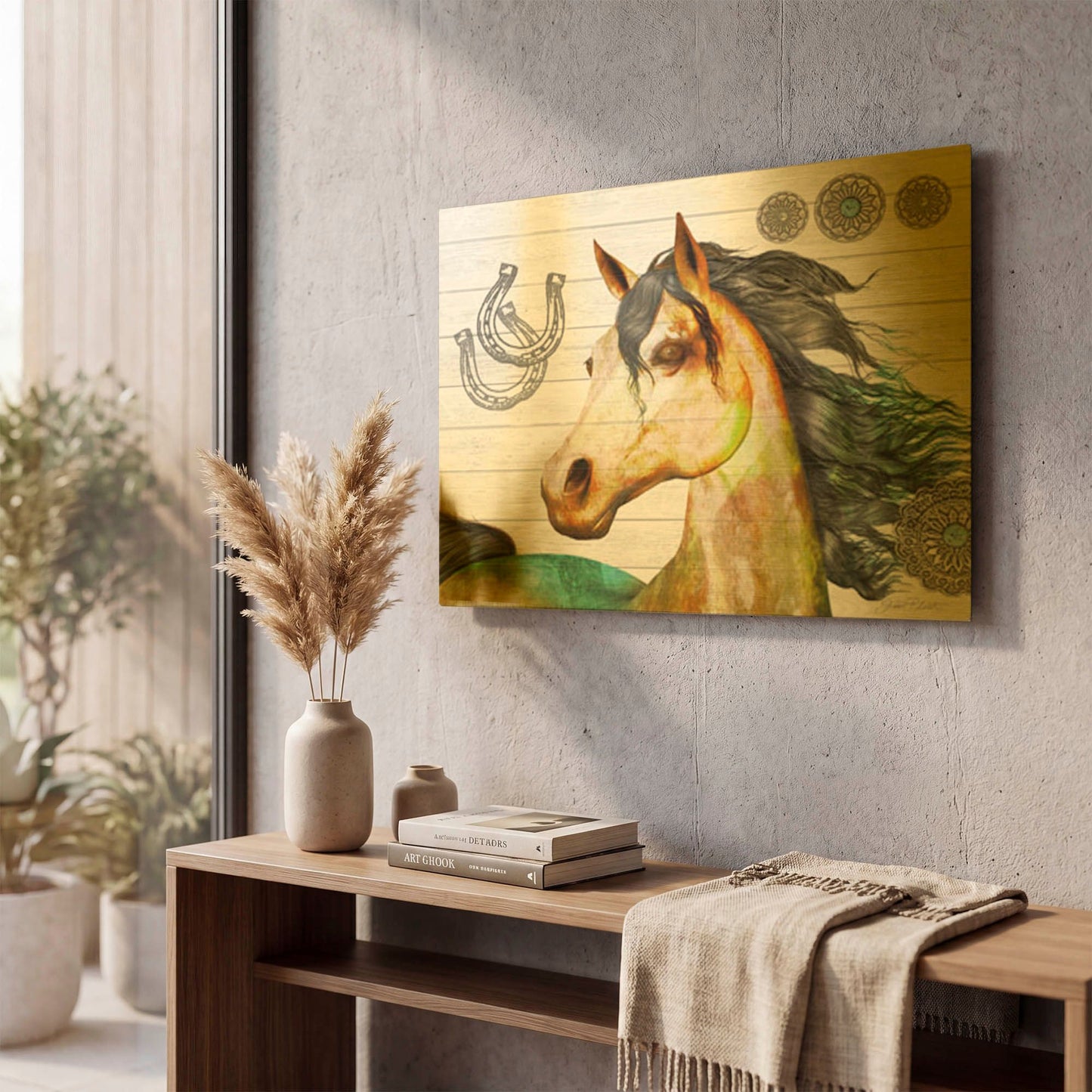 'Western Horse On Shiplap B' By Jean Plout Gold Metal Wall Art