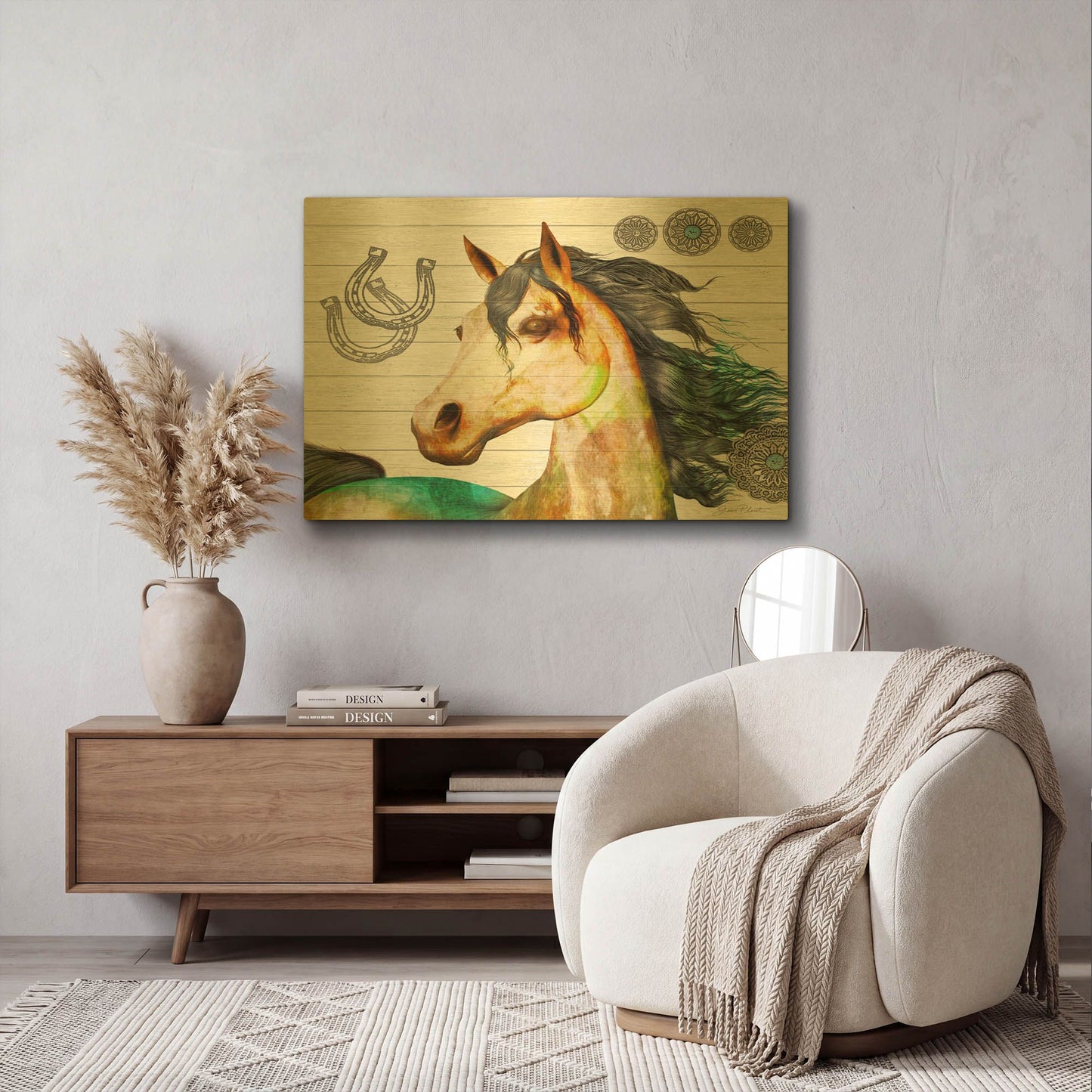'Western Horse On Shiplap B' By Jean Plout Gold Metal Wall Art